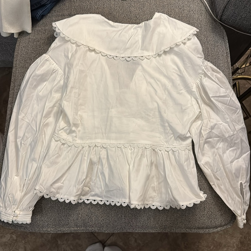 Reformation White Peplum Tie-Front Blouse with Scalloped Trim - Picture 9 of 11